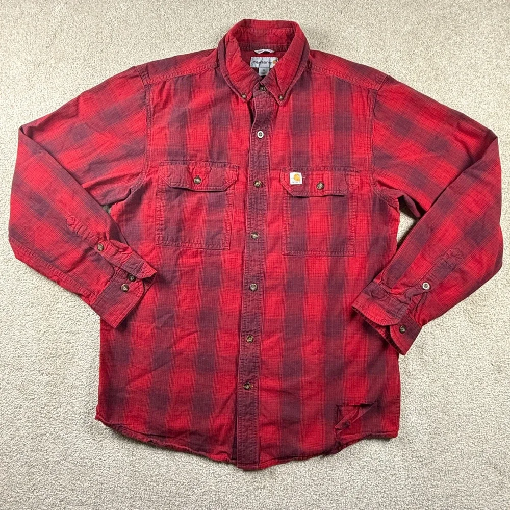 Carhartt Mens Relaxed Fit Plaid Flannel Button Down Shirt Red Black Size M 1957